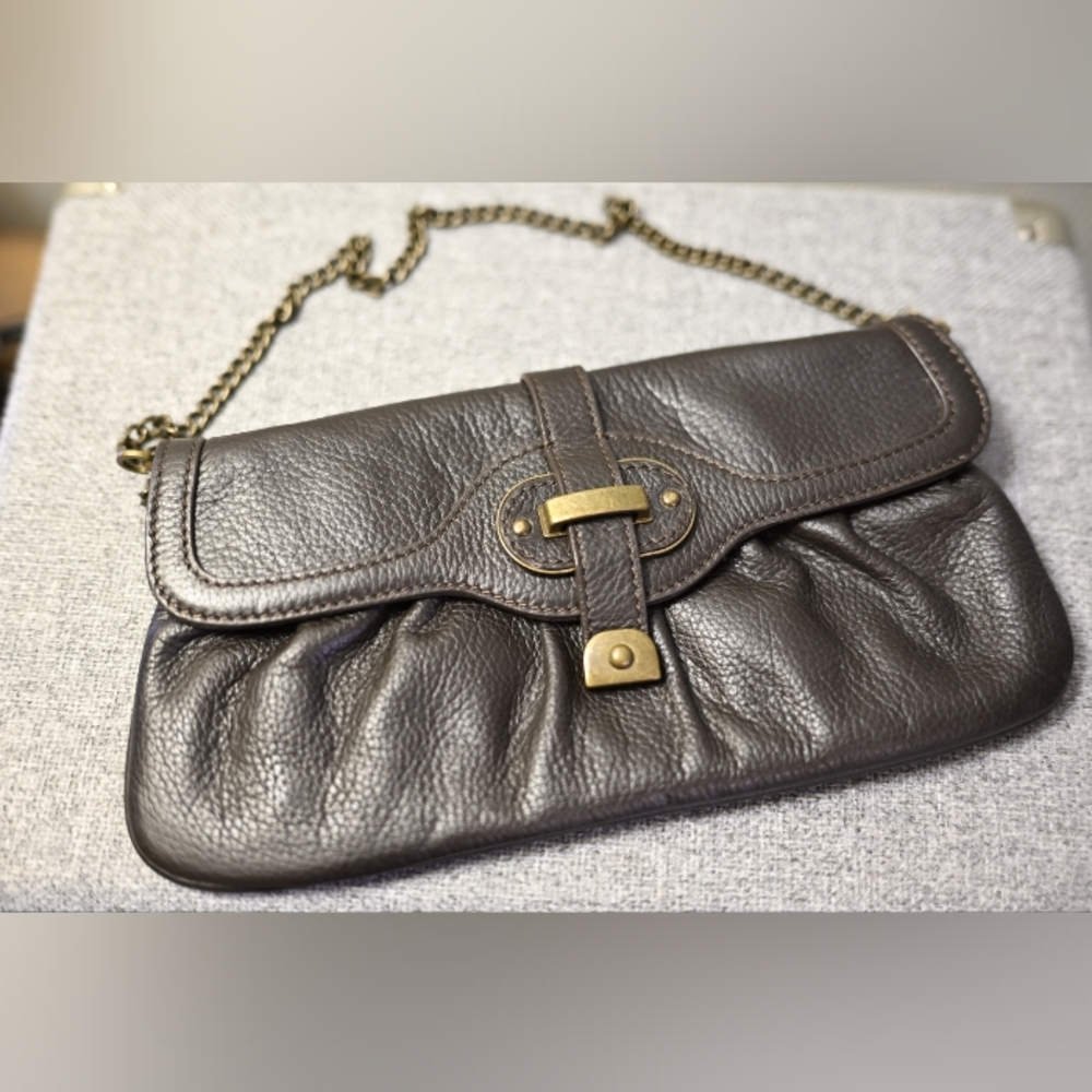 Brown Mini Shoulder Clutch Bag Metallic Strap Genuine Leather Party Y2k